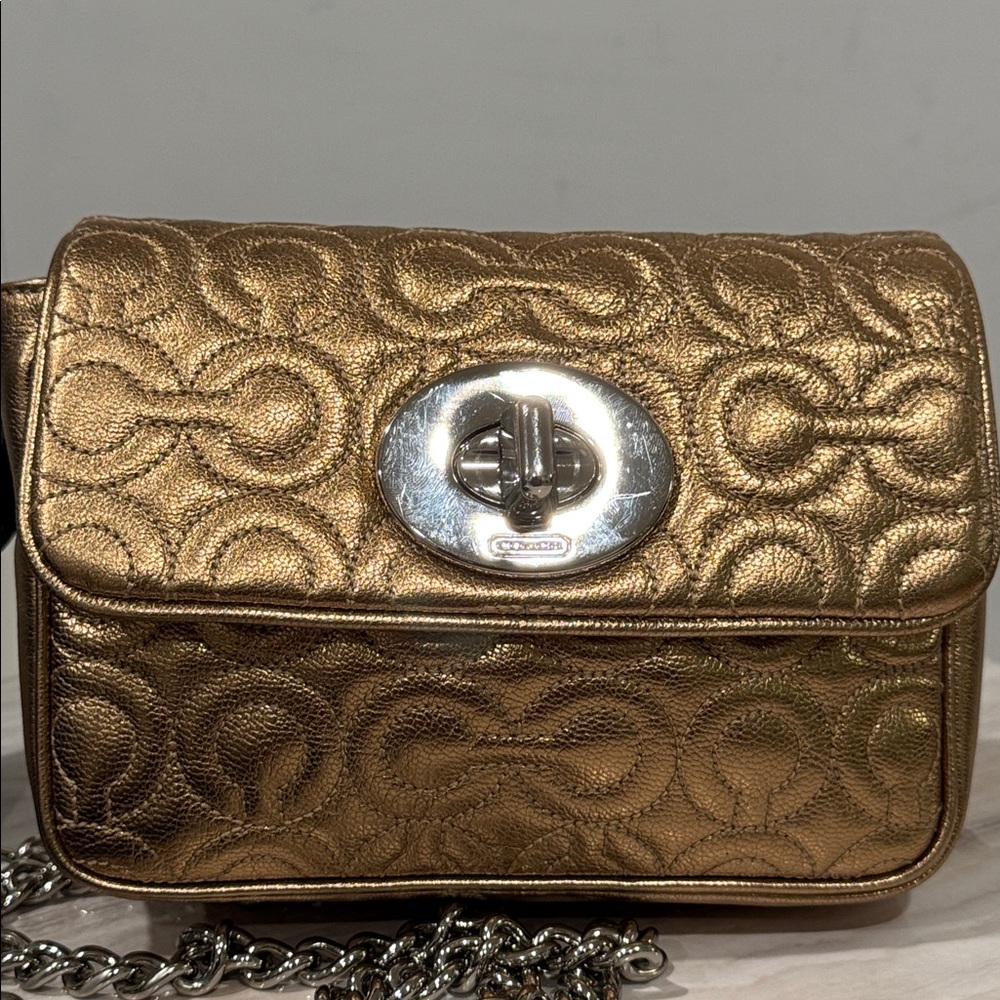 Coach Bag Madison Small Signature Embossed Gold Metallic Leather Shoulder Bag - Picture 4 of 17